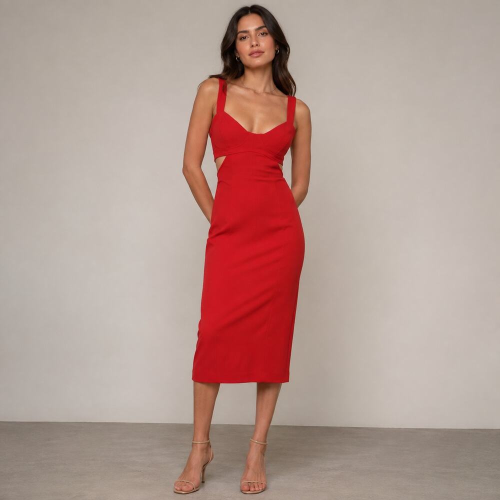 Zara Midi Dress WMNS XS Red Cutout Bustier Bodycon Stretch Baddie Cocktail Chic